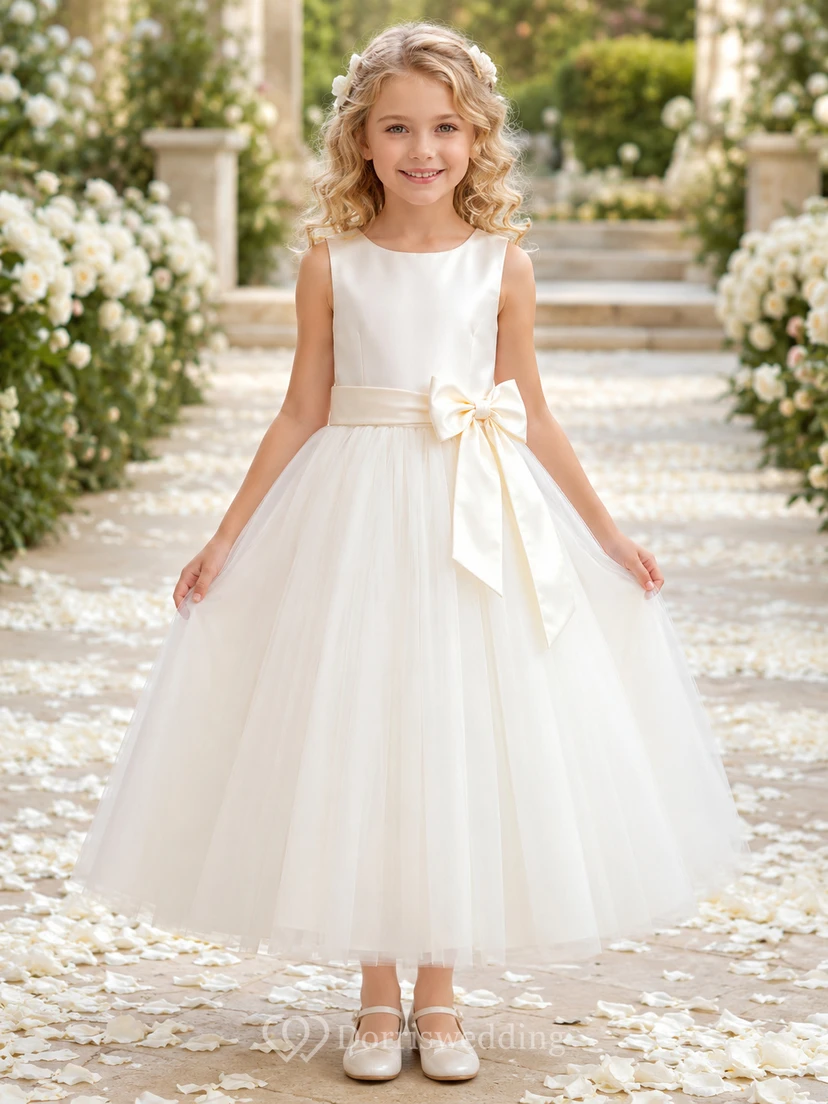 Blumenmädchenkleid aus elfenbeinfarbenem Tüll, A-Linie, Rundhalsausschnitt, knöchellang, mit Schärpendetails