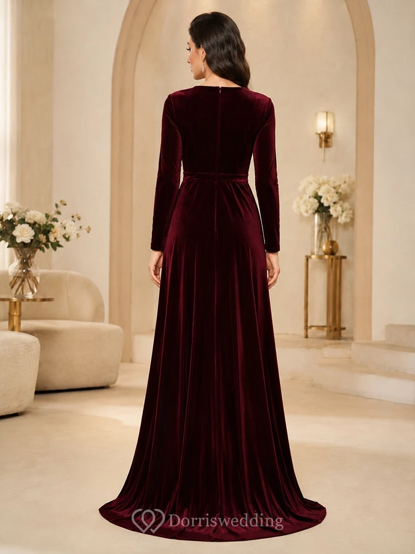 Burgundy V-Neck Long Sleeve Split Front Formal Evening Gown view 2