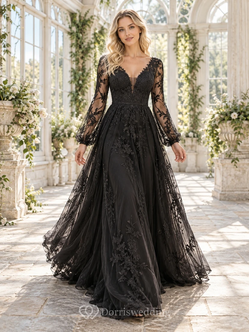 Black Long Poet Sleeve V-Neck Lace A-Line Wedding Dress