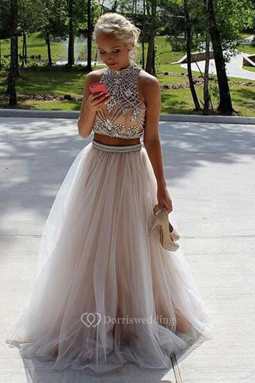 A-Line Tulle High Neck Sleeveless Zipper Keyhole Dress