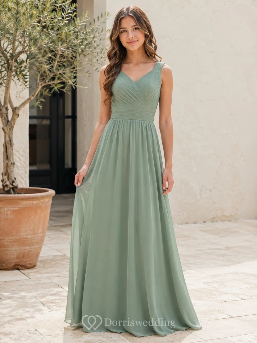 Vestido de dama de honor juvenil color celadón, corte en A, escote en V, sin mangas, gasa plisada, estilo romántico.