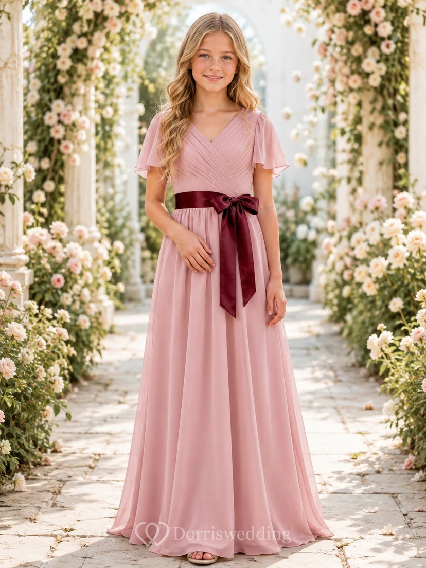 Elegantes, zartrosa Brautjungfernkleid in A-Linie mit V-Ausschnitt, kurzen Blütenblattärmeln und Schärpe/Band