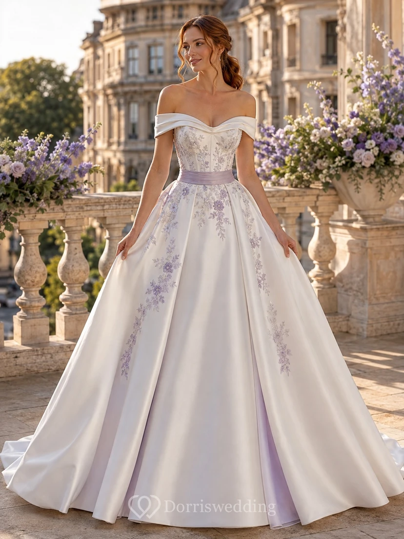 Lavender Floral A-Line Satin Bridal Dress Off-the-shoulder Short Sleeve Chapel Train