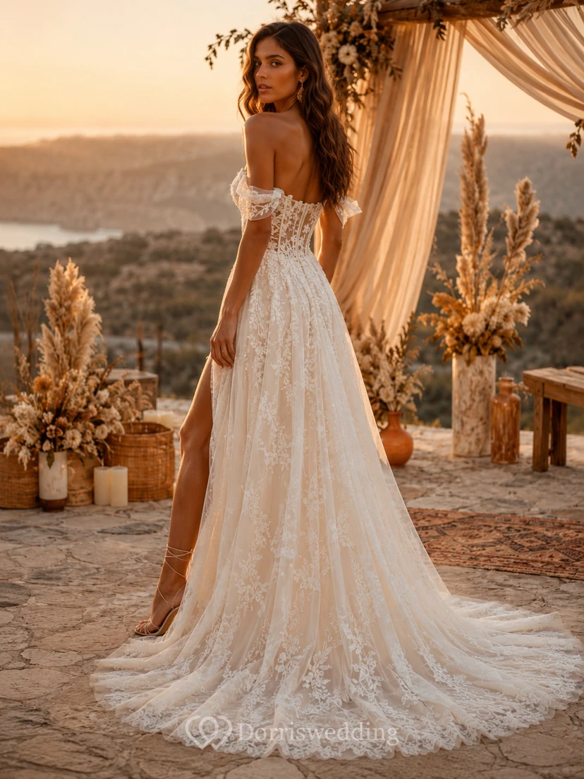 Off-the-Shoulder Boho Wedding Dress with Floral Lace Corset, High Slit & Airy A-Line Train view 2