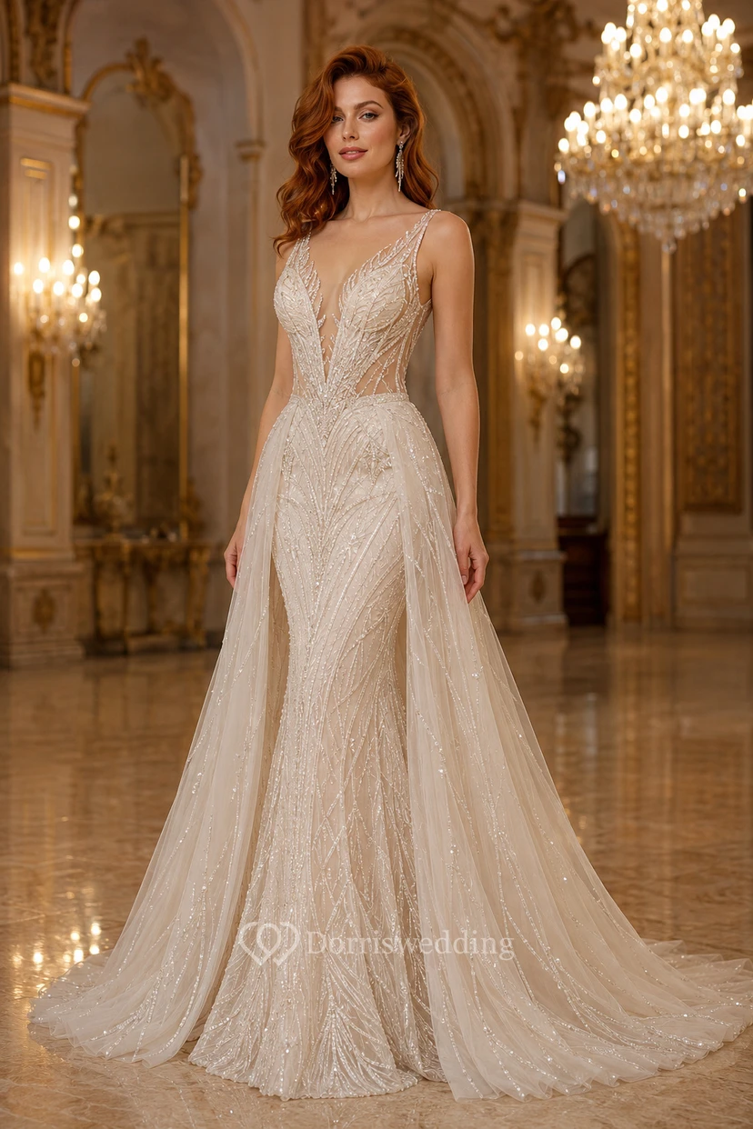 Vestido de novia de corte A con escote en V, encaje y cuentas, color champán, con cola de capilla.