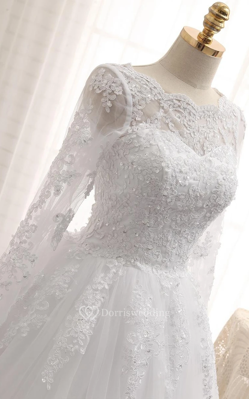 A-Linien-Kleid mit langen Ärmeln, Applikationen, Kapellenschleppe, Reißverschluss und Schnürung am Rücken, Tüllspitze und Pailletten view 9