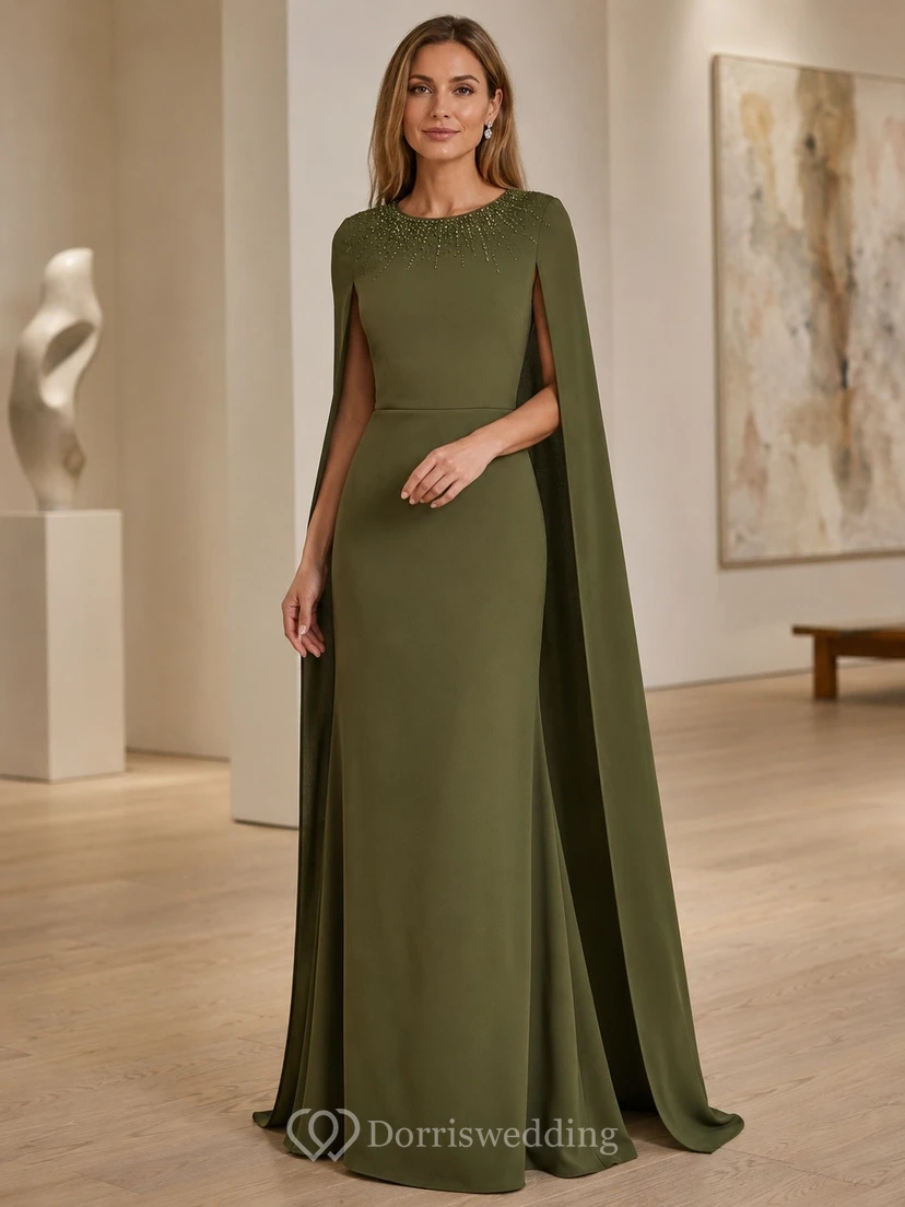 Dark Green Beaded High Neck Cape Sleeve Satin Sheath Gown Dress