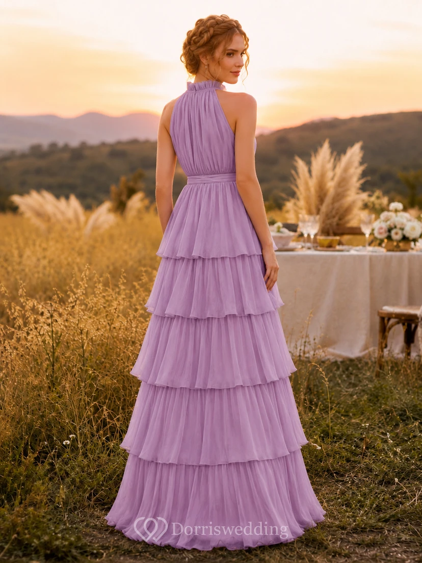 Lilac High Halter Tiered Chiffon Floor Length Guest Dress view 2