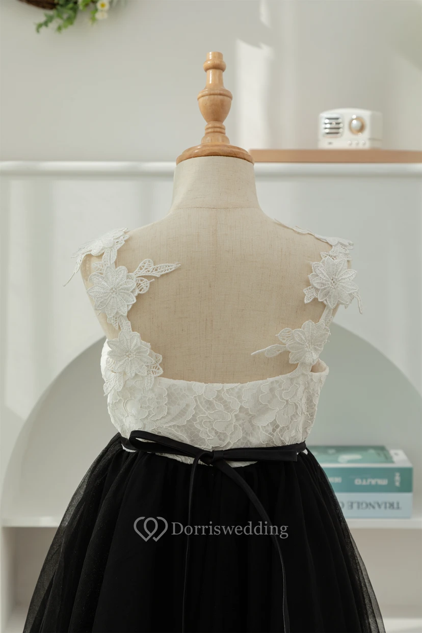Lace Black and White Short A-line Tulle Flowergirl Dress view 7