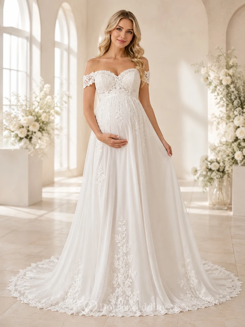 Vestido de novia de maternidad estilo imperio con hombros descubiertos, corte A, tul, encaje y apliques en la cola
