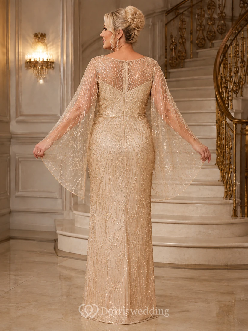 Robe de mère champagne à manches longues et cape en dentelle à sequins, style bateau, illusion mature view 2