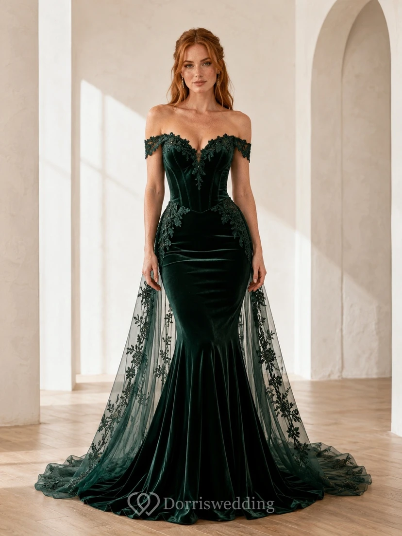 Vestido de novia de lujo estilo sirena, de terciopelo verde oscuro, largo hasta el suelo y con hombros descubiertos.