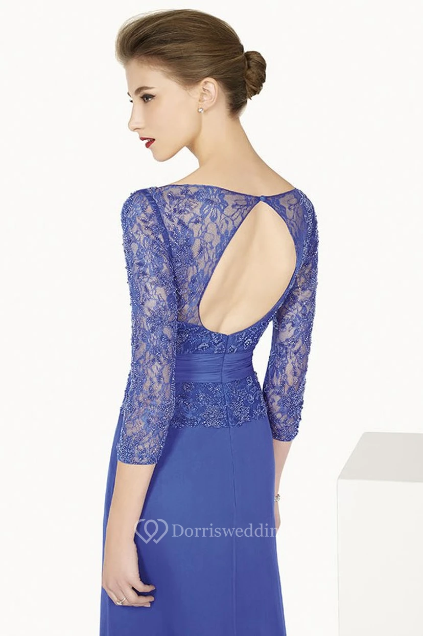 Bateau 3-4 Sleeve Long Prom Dress With Lace Top And Back Keyhole view 2