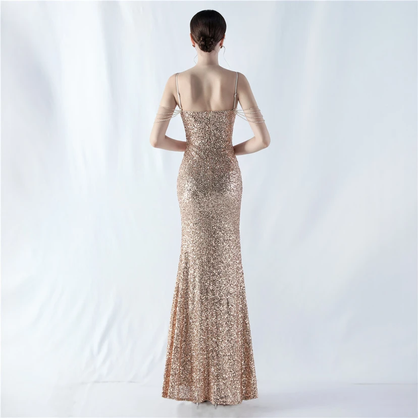 Robe de soirée sexy à bretelles et fente haute, ornée de perles et de perles artisanales. view 38