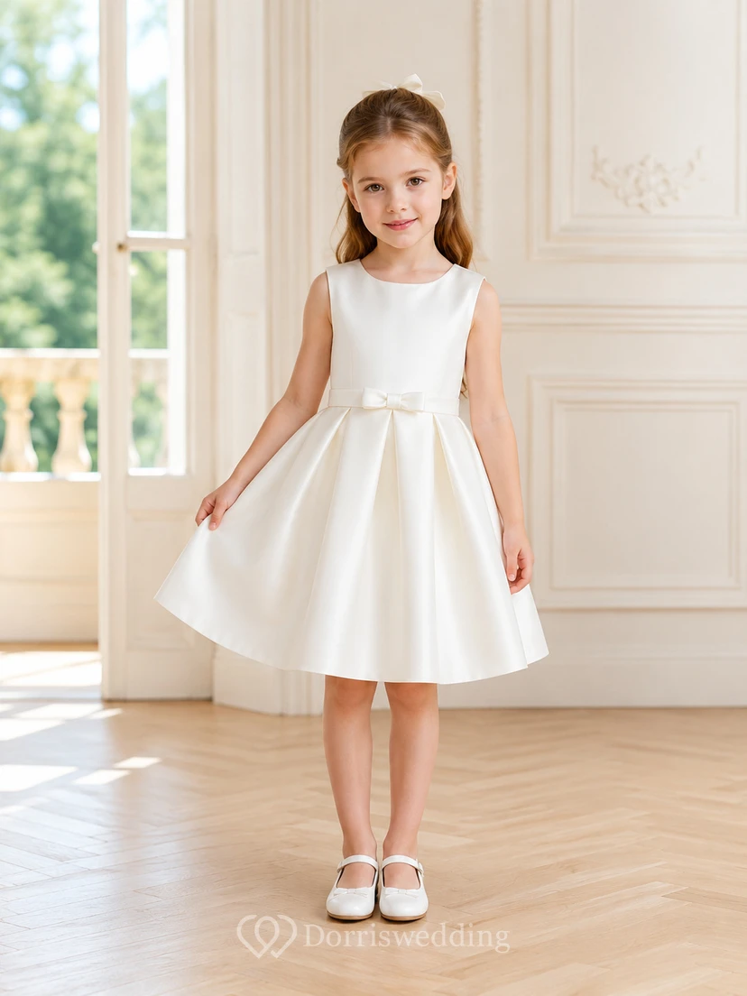 Vestido de niña de flores de satén color marfil con corte en A, sin mangas, cuello joya, falda hasta la rodilla y detalle de lazo.