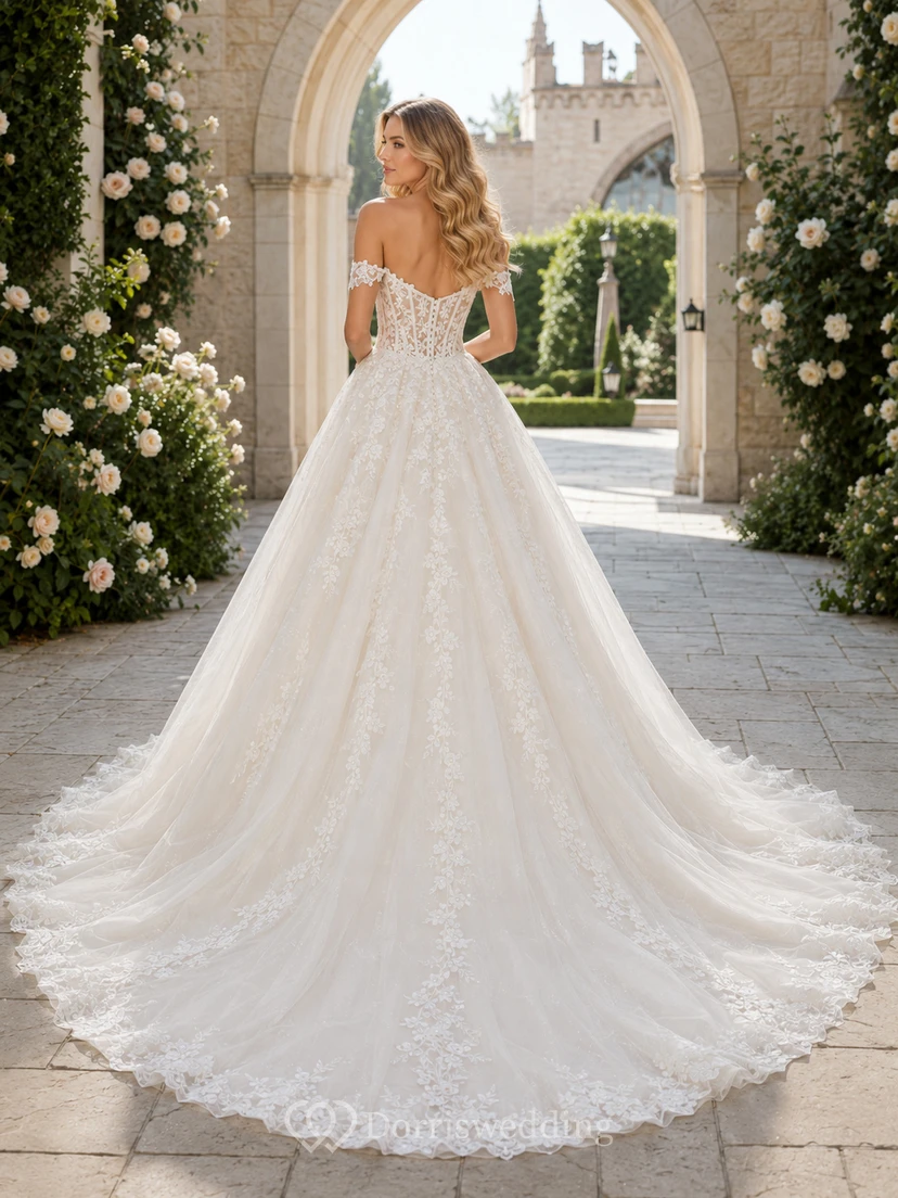 Robe de mariée en satin, robe de bal bustier avec traîne chapelle view 2