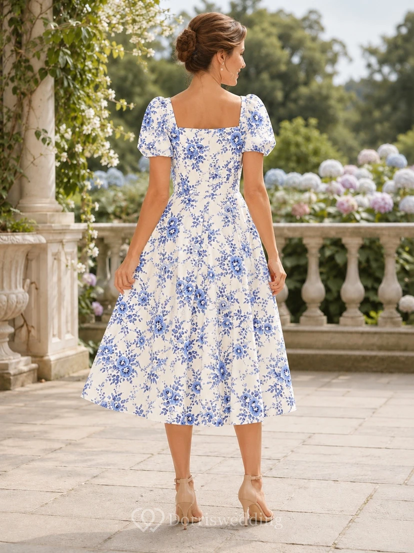 Floral Royal Blue Square Neck Puff Sleeve Tea-length A-line Dress view 2