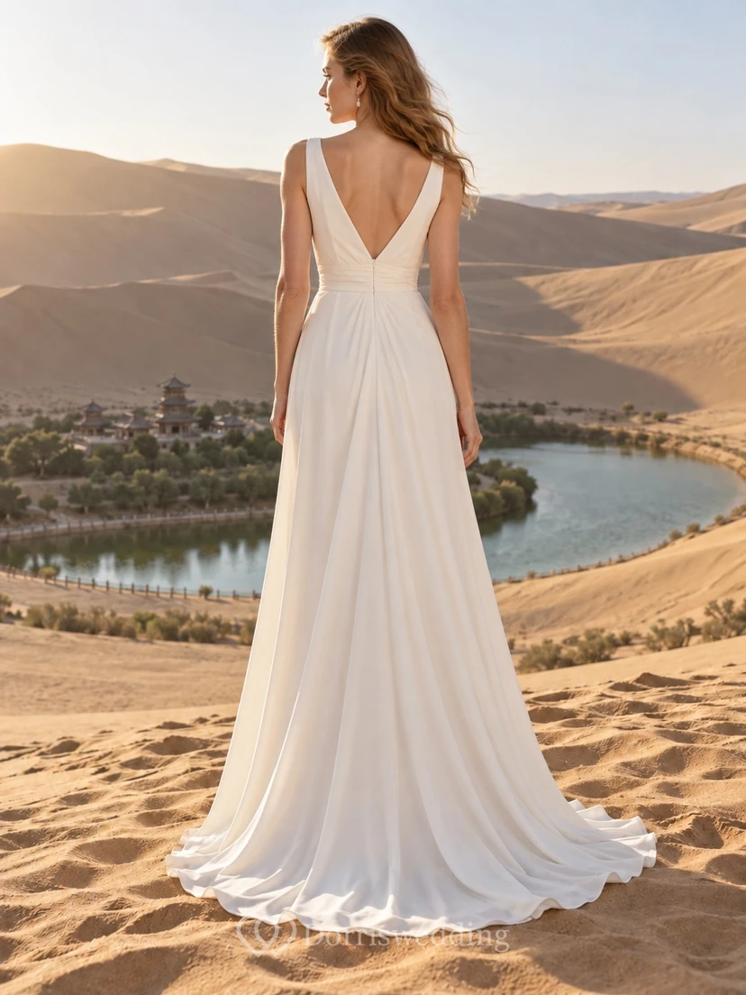 Vestido de novia sencillo sin mangas con escote en V, drapeado y abertura. view 2