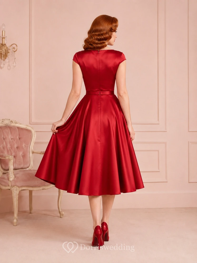 Rotes Vintage-Cocktailkleid aus Satin mit herzförmigem Ausschnitt, kurzen Ärmeln und A-Linien-Schnitt, wadenlang view 2