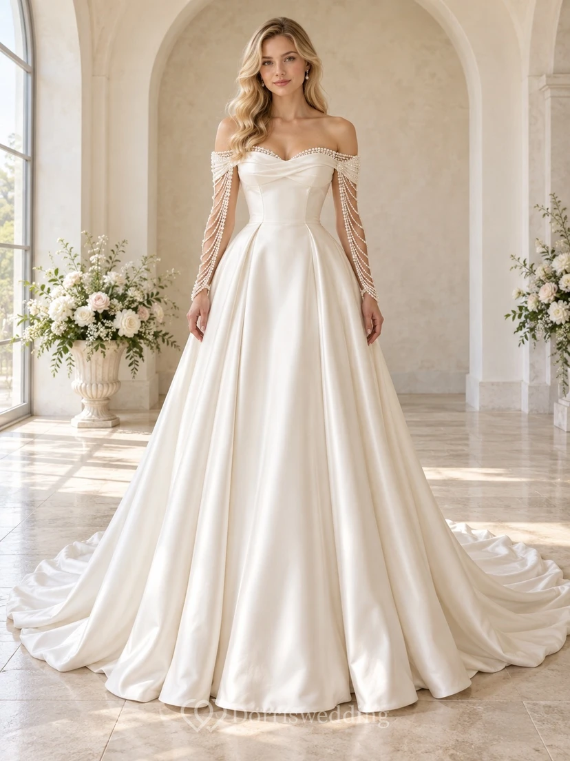 Romantic Long Sleeve Off Shoulder Sweetheart Beaded Satin A-Line Floor Length Wedding Dress