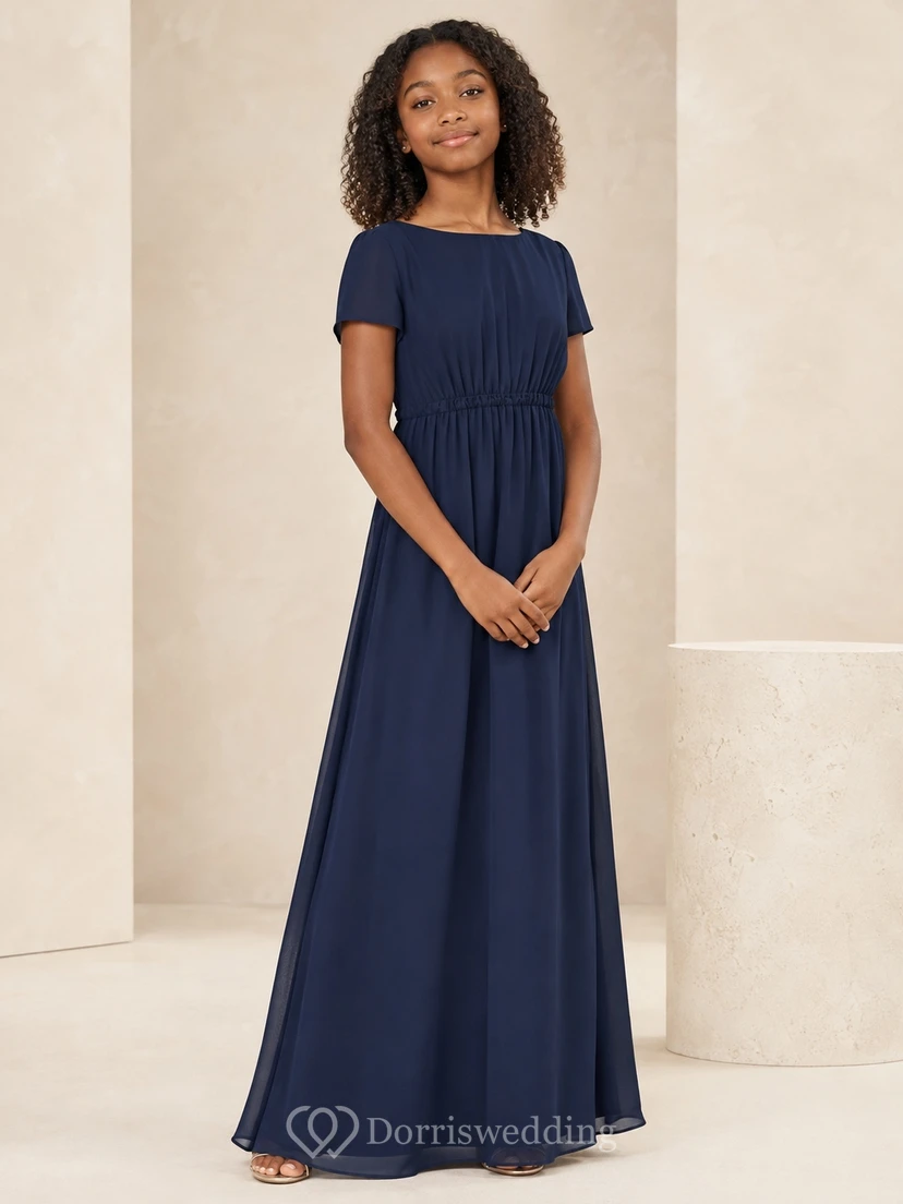 Dunkelblaues Brautjungfernkleid für junge Mädchen, A-Linie, Rundhalsausschnitt, kurze Ärmel, Chiffon, geraffte Taille, schlicht