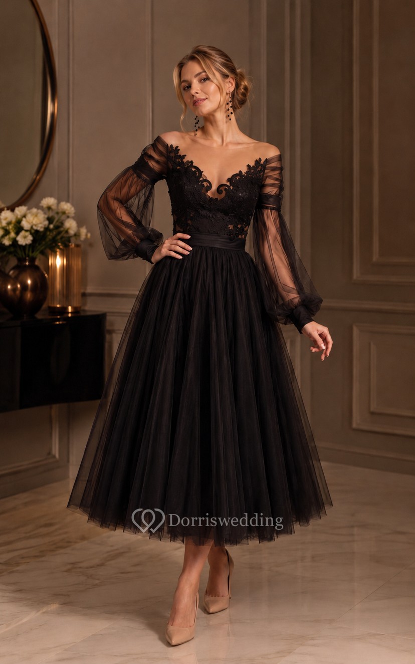 black tea length cocktail dresses Simple V Neck Satin Prom Dress, Black Formal Dress US 4 / Custom Color Designed with sheer puff sleeves and an ornate midrise back Black Plus Size Tulle Cocktail