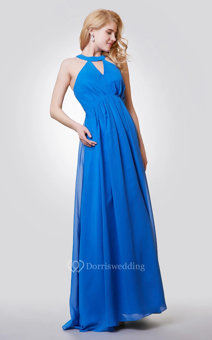 Halter A-line Long Chiffon Pleated Dress With Key-hole view 4