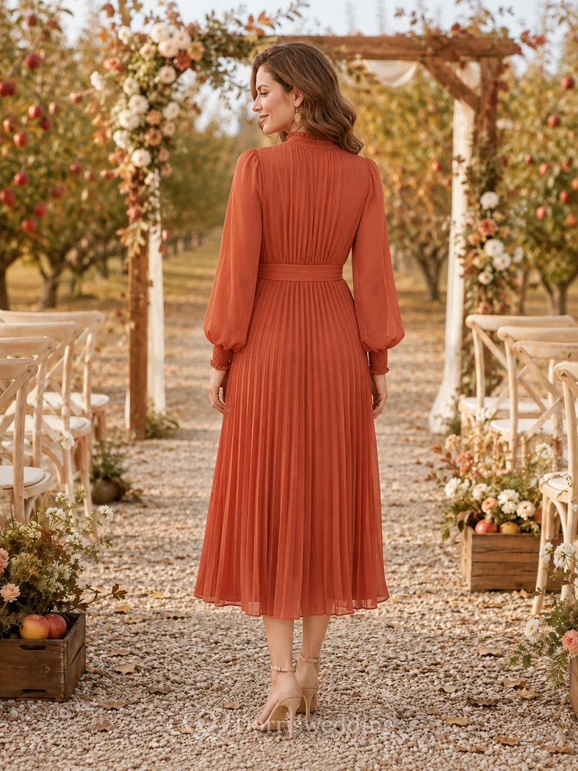 Terracotta Long Sleeve Pleated Chiffon Midi Wedding Guest Dress view 2