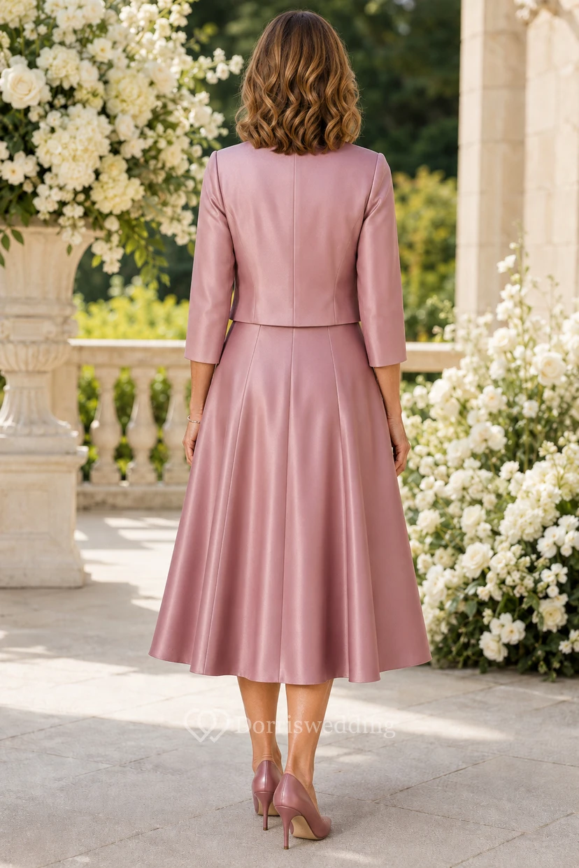 Mauvefarbenes Satin-Kleid in Teelänge und A-Linie mit passender Jacke view 2