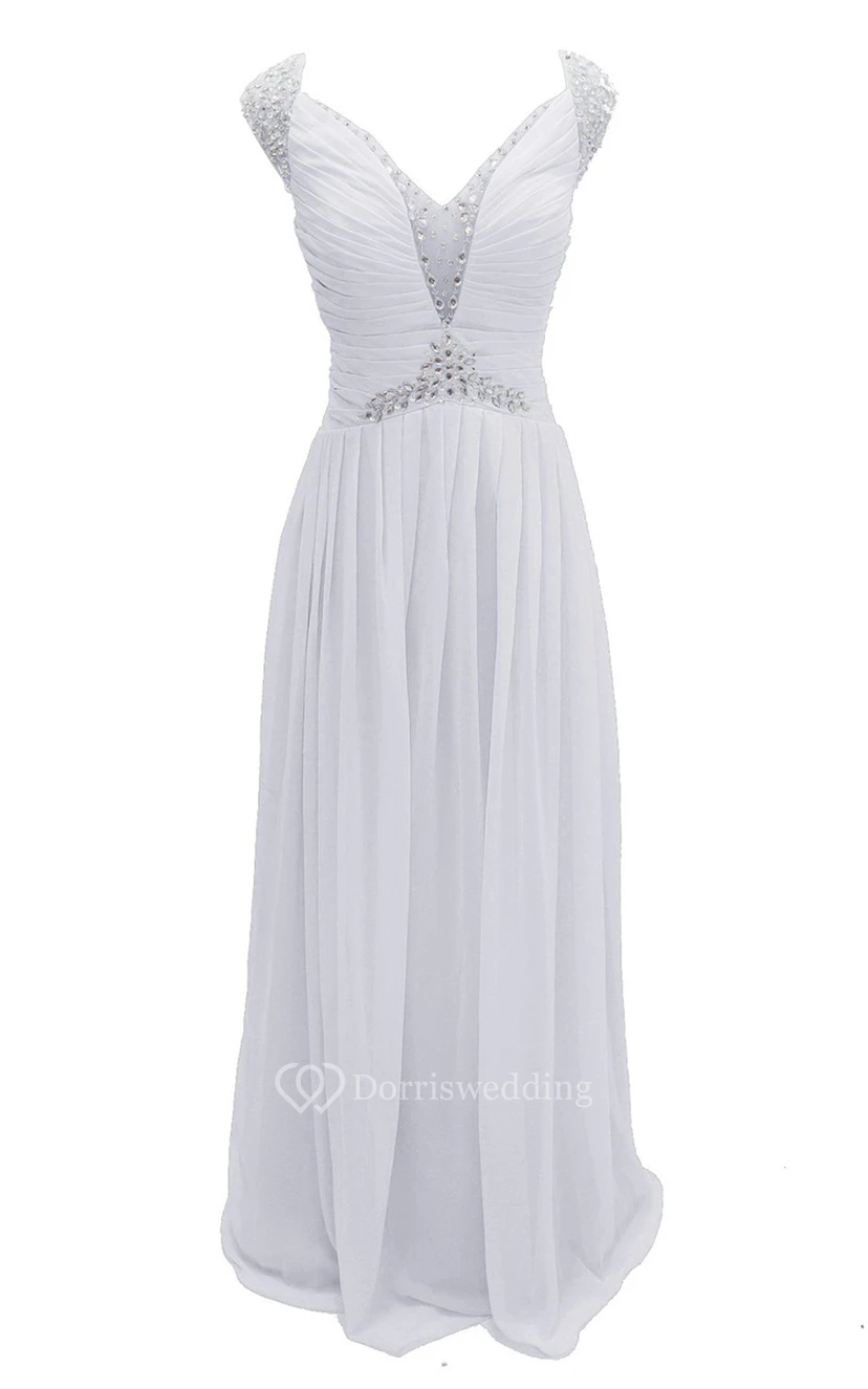 Cap-sleeve V-neck Chiffon A-line Gown With Crystal Detail view 14