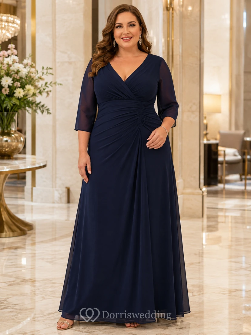 Vestido de noche largo hasta el suelo, de gasa fruncida, con escote en V, manga tres cuartos y cuello en V, color azul marino, tallas grandes.