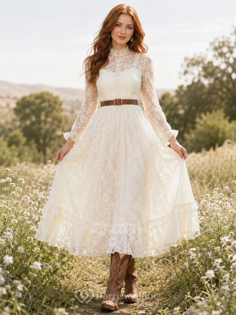 Vestido bohemio de manga larga, largo hasta la rodilla, corte en A, cuello alto y encaje, de Ivory Guest Ranch