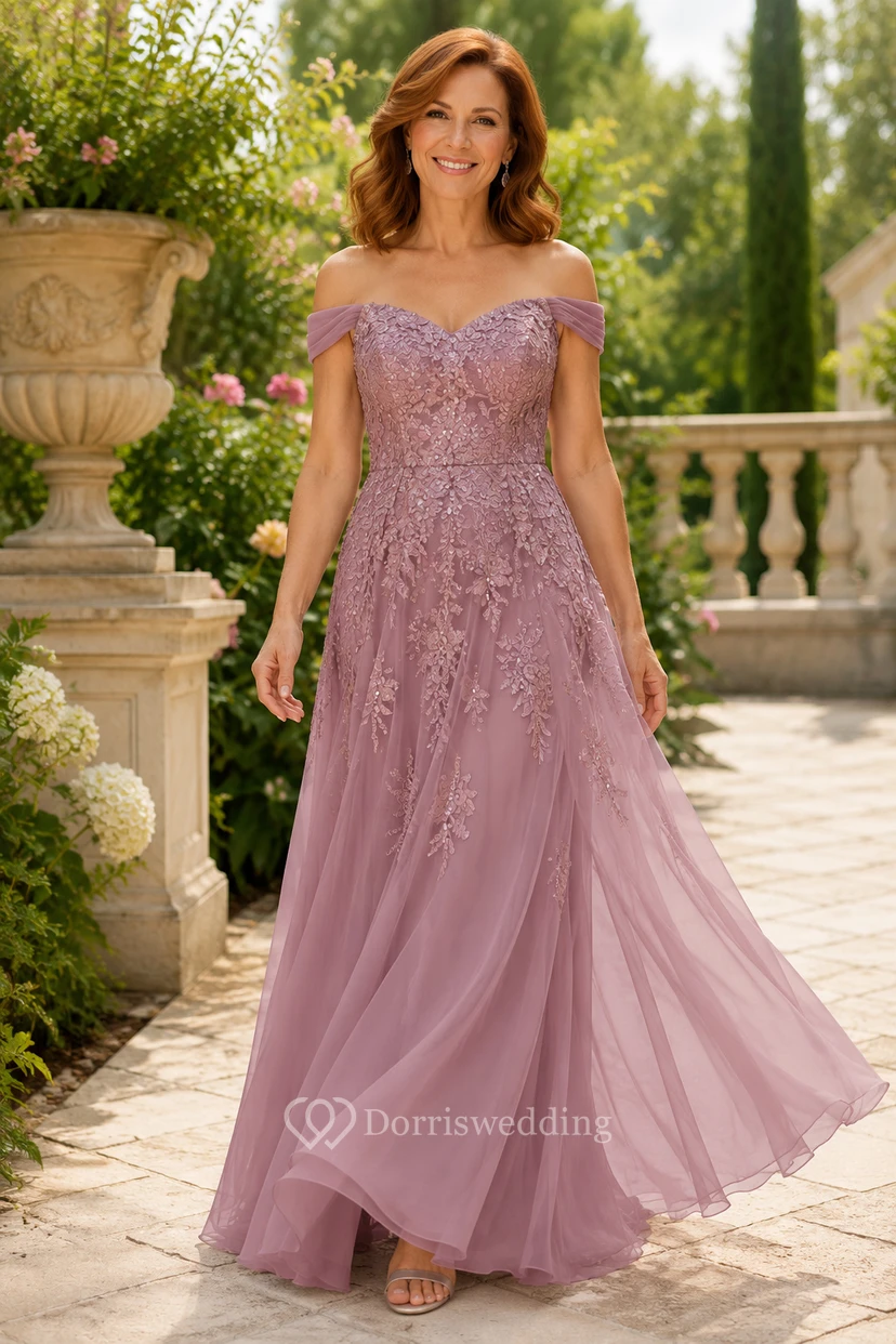 Dusty Rose Off Shoulder Tulle A-Line Mother Dress With Lace Appliques