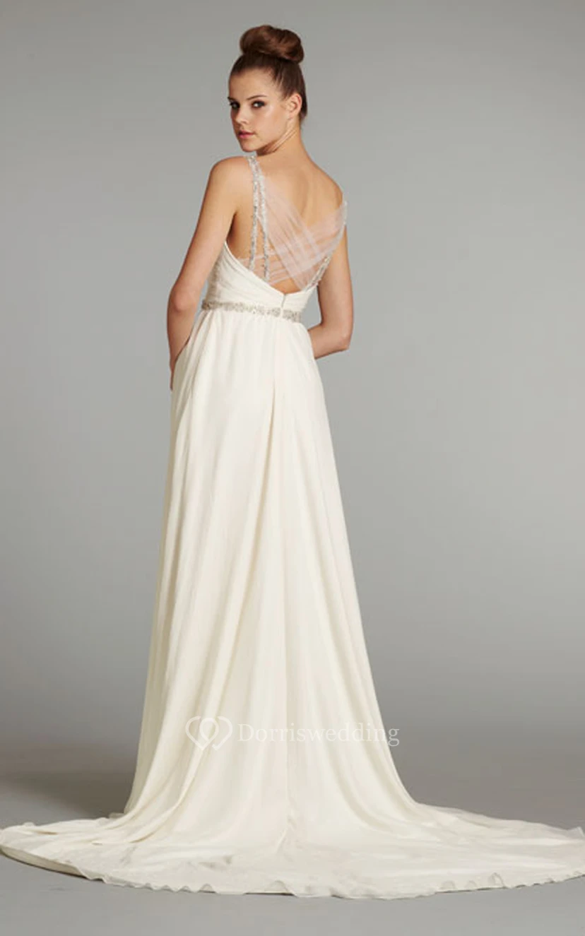 Delicate Sleeveless Draped Bodice Long Gown With Floral Beaded Straps view 4