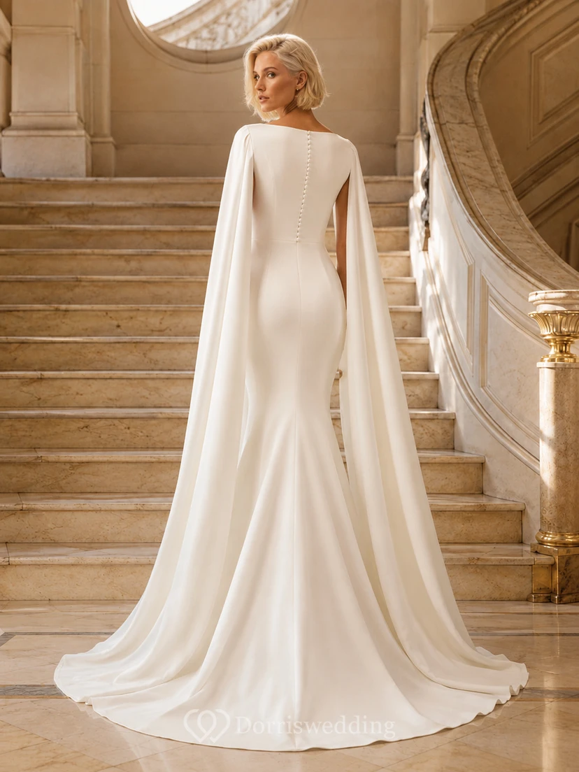 Robe de mariée fourreau moderne en satin satiné à manches bateau et traîne courte view 2