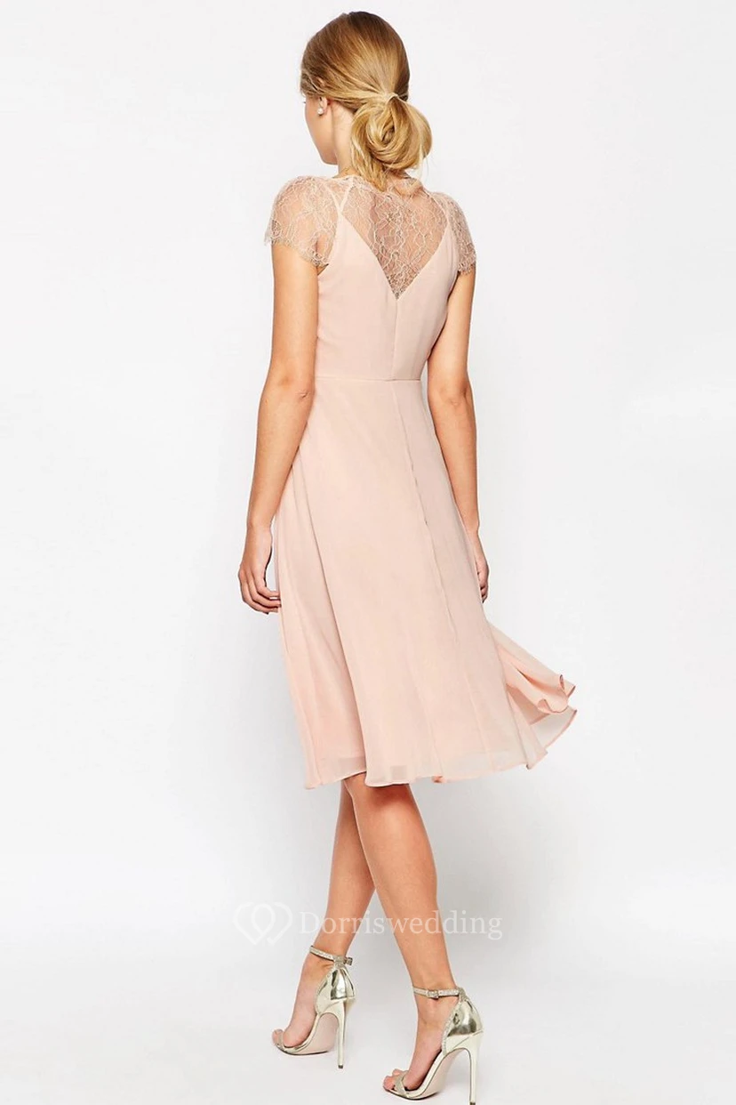 A-Line Knee-Length Ruched Cap Sleeve V-Neck Chiffon Blush Bridesmaid Dress view 2