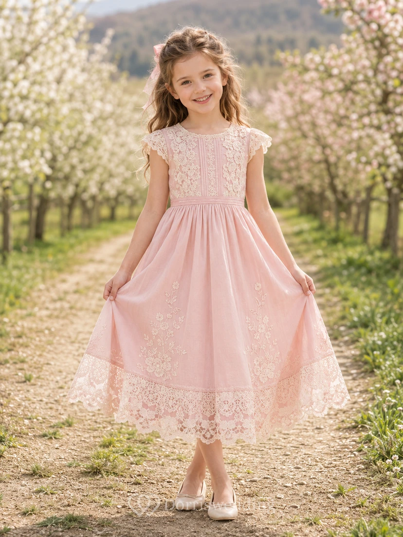 Flower Girl Dress Blush Lace Tulle A-Line Scoop Neck Tea Length
