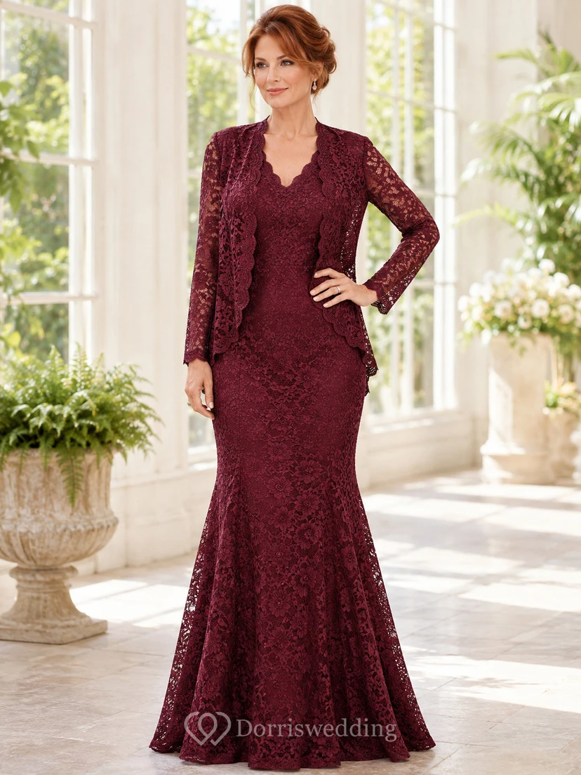 Wine Lace Floor-Length Mermaid Luxury Mother of the Bride Gown with V-Neck Long Sleeve Jacket and Sweep Train