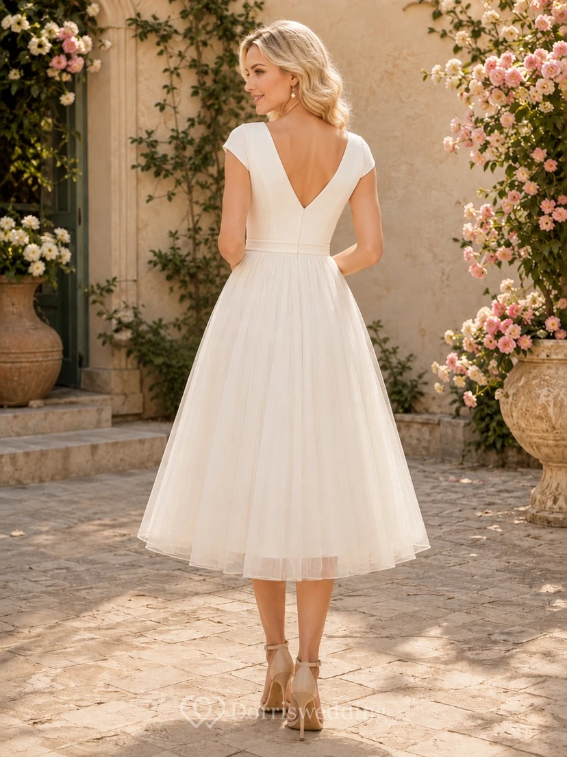 V-Neck Sleeveless Tulle A-Line Tea-Length Garden Wedding Dress view 2