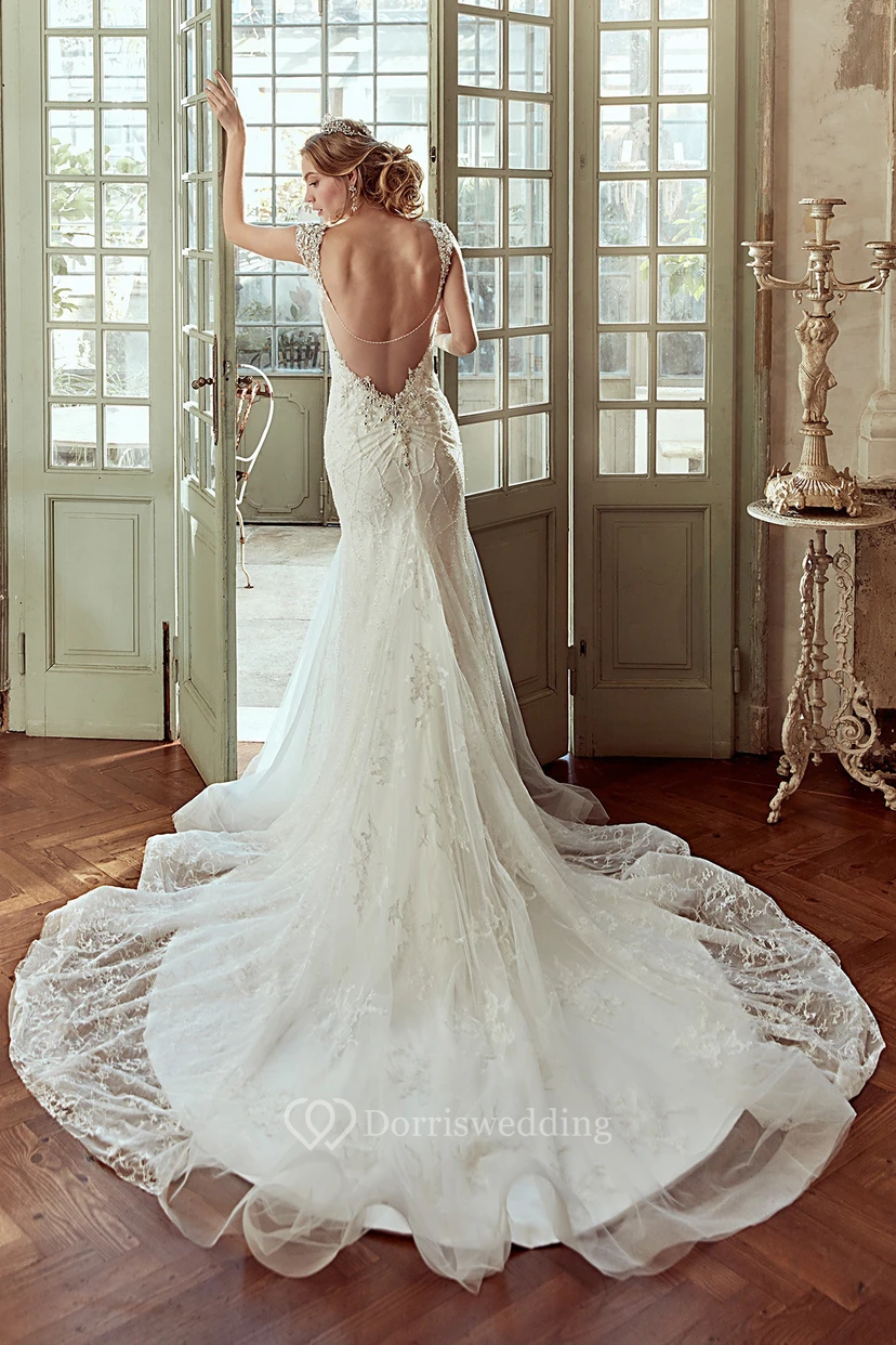 V-Neck Sheath Court-Train Wedding Dress with Mermaid Style and Open Back  view 2