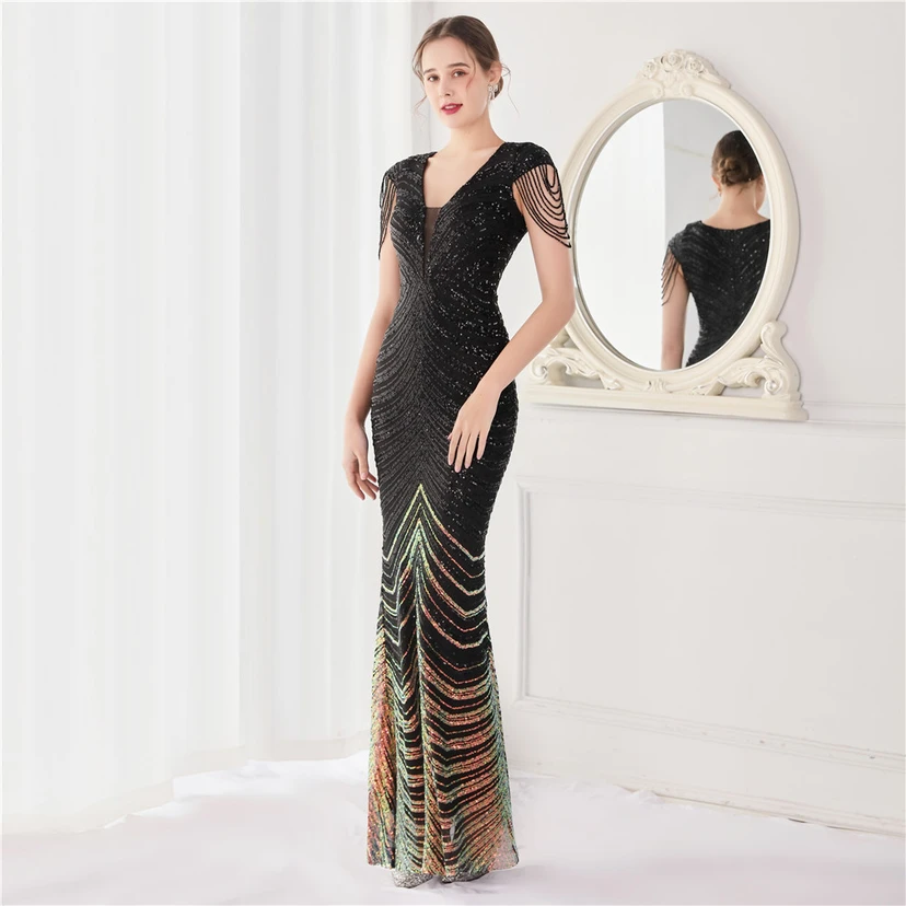 Paillettenbesetztes, handwerklich perfekt gefertigtes, perlenbesetztes Party-Abendkleid – sexy langes Kleid für die Braut view 58