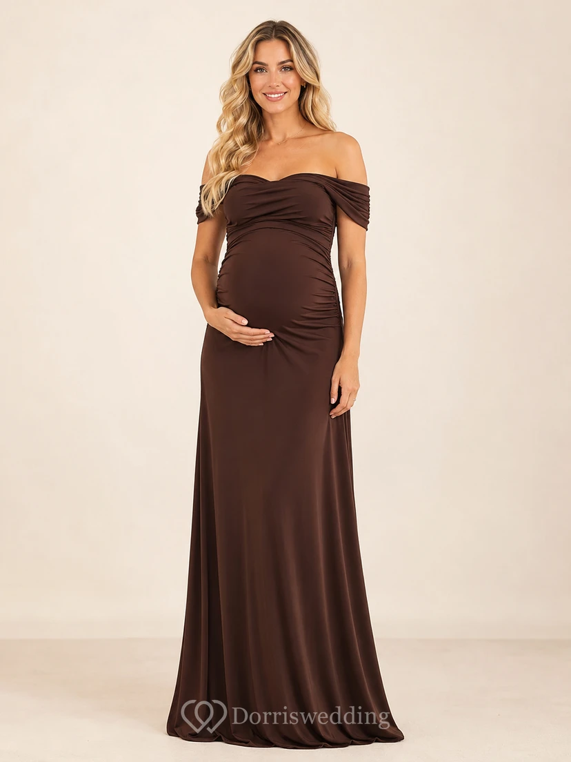 Robe de maternité chocolat à épaules dénudées, manches longues, froncée, en jersey, coupe sirène