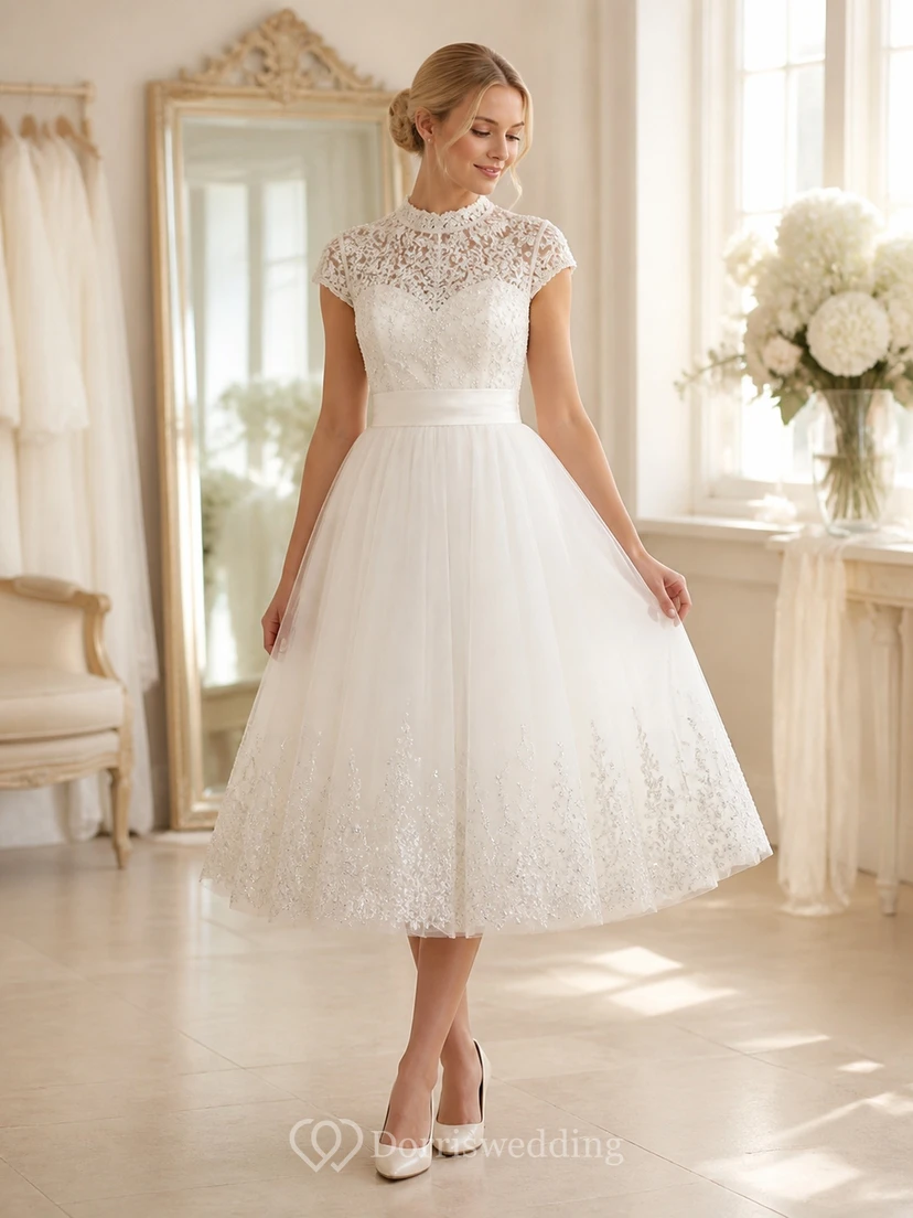 Vestido de novia modesto de corte A hasta la rodilla con cuello alto y mangas cortas