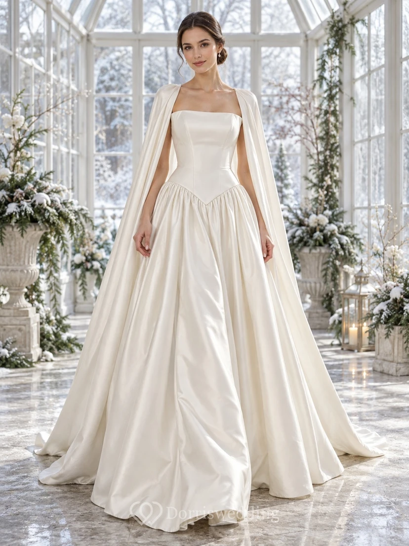 Vestido de novia sencillo de corte A con cuello cuadrado, punta puntiaguda y capa de satén.