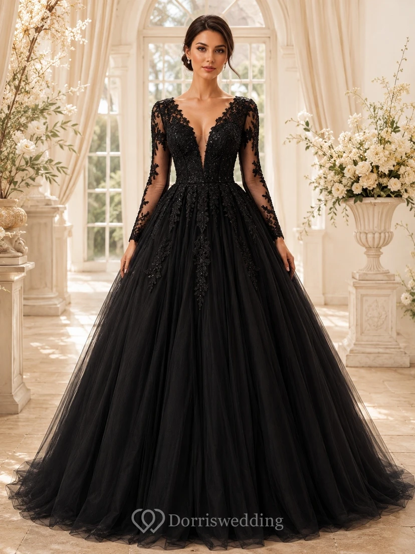 Black Romantic Luxury V-Neck Long-Sleeve Lace-Tulle Tiered Ball-Gown Floor-Length Prom Dress