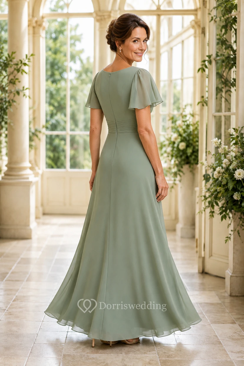 Salbeigrünes Chiffon-Kleid in A-Linie mit V-Ausschnitt für Mütter view 2