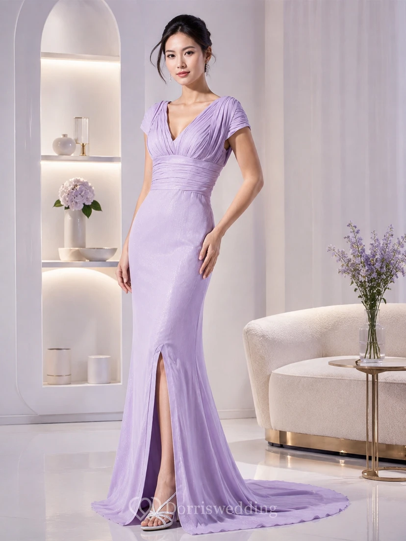 Robe sirène décolletée à manches cape, taille froncée et fente sur le devant view 6