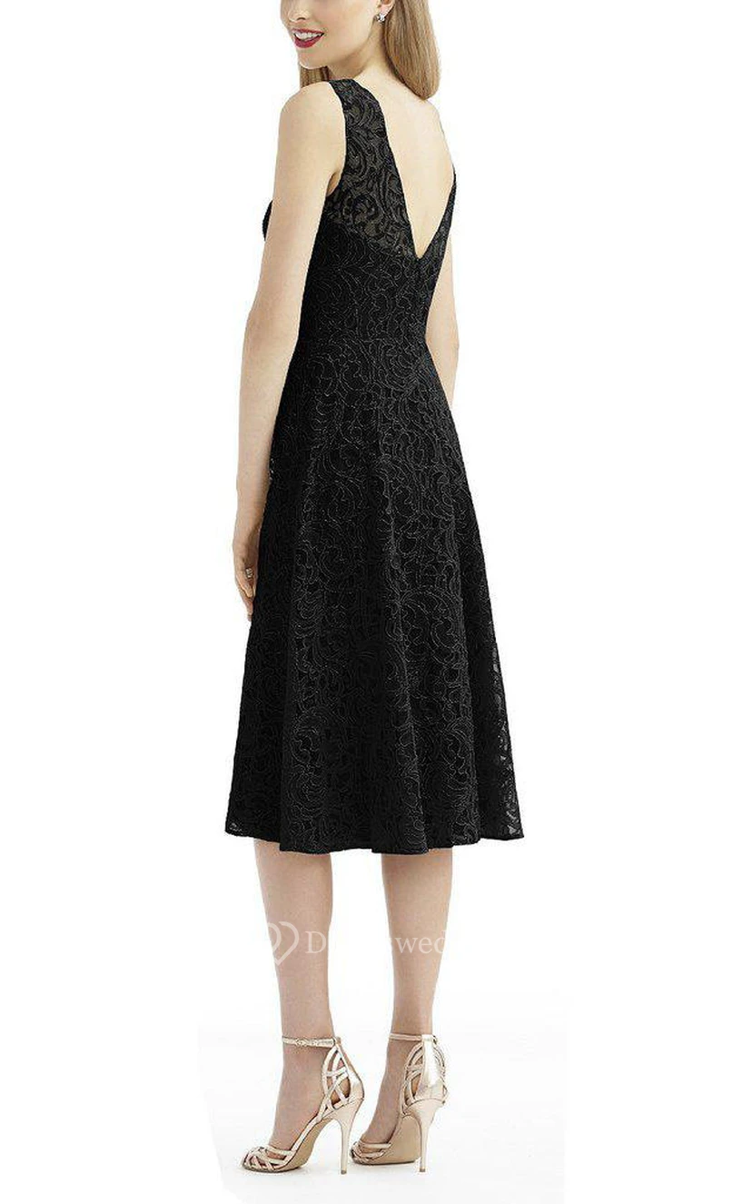 Illusion Lace Tea-length A-line Bridesmaid Dress with V Back view 2
