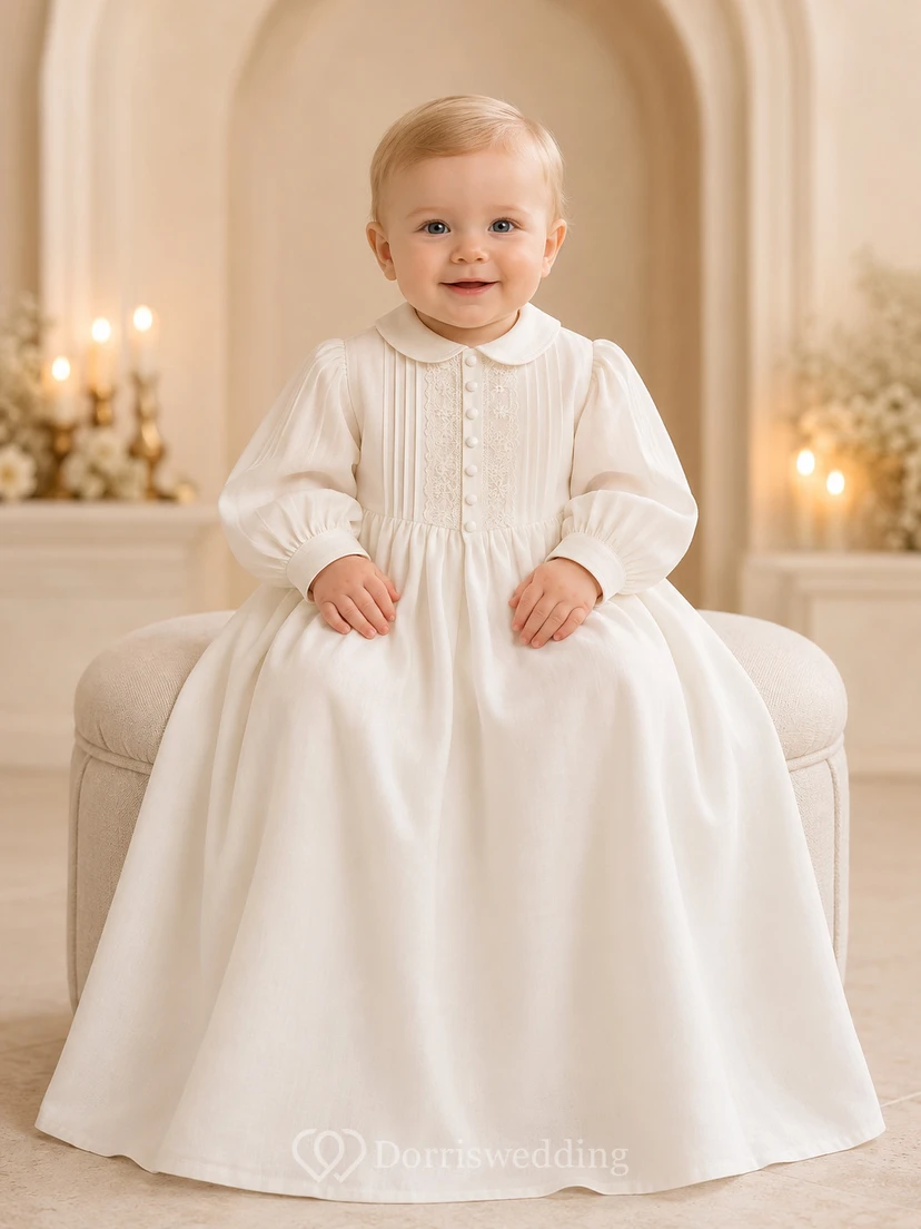 Taufkleid mit Bischofsärmeln, A-Linie, Satin, Spitze, hoher Kragen, schlichter Rock