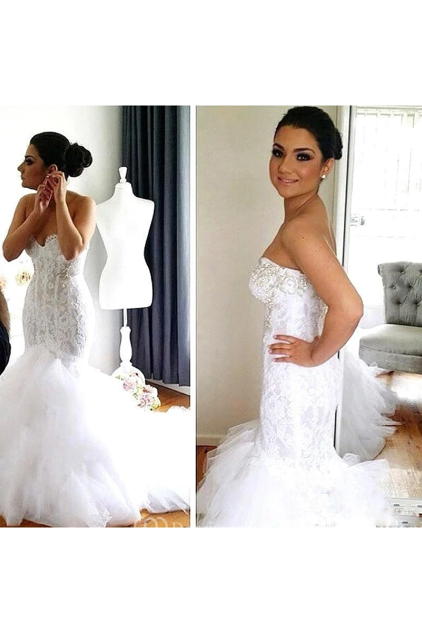 Pailletten, Kristalle, Schmuckkragen, abnehmbarer Bolero, Knopf, Meerjungfrauen-Hochzeitskleid aus Spitze